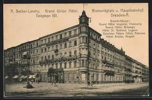 AK Dresden-A., Bismarckplatz u. Hauptbahnhof, Grand Union Hotel