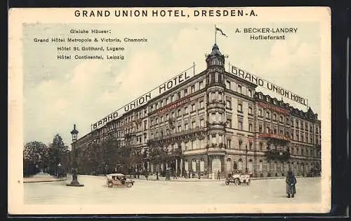 AK Dresden, Grand Union Hotel am Bismarckplatz und Hauptbahnhof