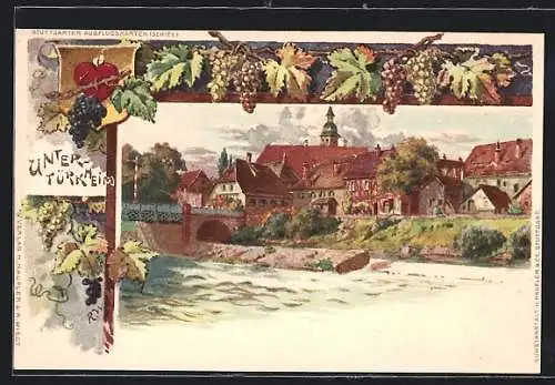 Künstler-Lithographie Untertürkheim, Teilansicht mit Brücke, Weinreben