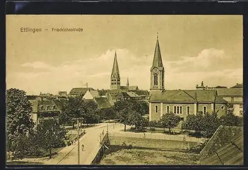 AK Ettlingen, Friedrichsstrasse mit Kirche