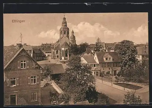 AK Ettlingen, Kanalstrasse mit Volksbank und Martins-Kirche