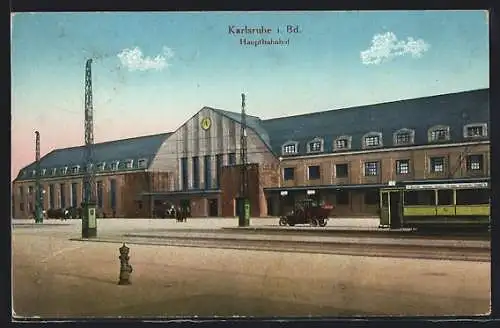 AK Karlsruhe, Strassenbahn am Hauptbahnhof