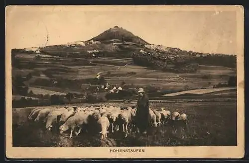 AK Hohenstaufen, Gesamtansicht mit Burg, Schafherde mit Schäfer