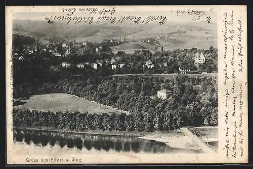 AK Eitorf, Panorama mit Bahnhof, um 1900