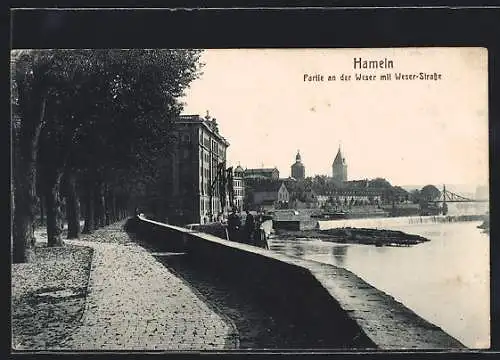 AK Hameln, Weserpartie mit Weser-Strasse