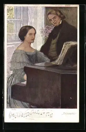 AK Komponist Schumann, Träumerei, Frau spielt für einen Mann Klavier, Noten
