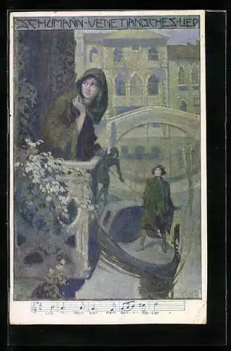 Künstler-AK Brüder Kohn (B.K.W.I) Nr. 557-5: Mann in der Gondel singt für die Frau auf dem Balkon, Venetianisches Lied