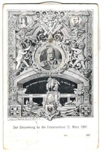Mechanische-AK Berlin, Centenarfeier 1897, National-Denkmal, Portraits von Kaiser Wilhelm I., Königin Luise von Preussen