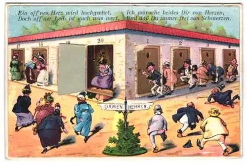 Mechanische-AK Kurgäste drängeln sich vor den Toiletten