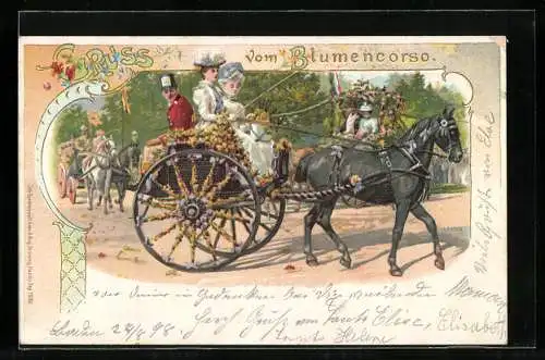 AK Zwei Frauen in Kleid mit Hut sitzen auf einer Pferdekutsche die mit bunten Blumen geschmückt ist