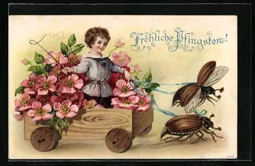 Präge-Lithographie Knabe im Blumenwagen mit Maikäfer-Gespann, Pfingstgruss