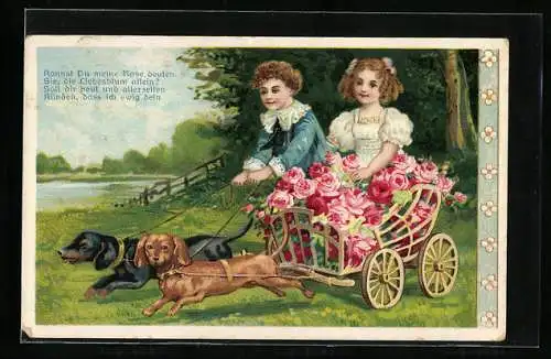 Lithographie Kinderpaar im Blumenwagen mit Dackel-Gespann