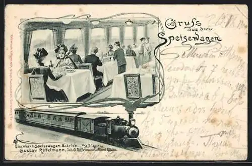 Lithographie Speisewagen von Eisenbahn-Speisewagen-Betrieb Gustav Riffelmann