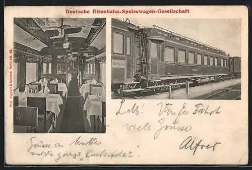 AK Waggon der Deutsche-Eisenbahn-Speisewagen-Gesellschaft, Aussen- und Innenansicht