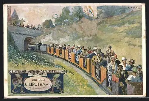 Künstler-AK München, Deutsche Verkehrs-Ausstellung 1925, Besucher auf der Liliputbahn