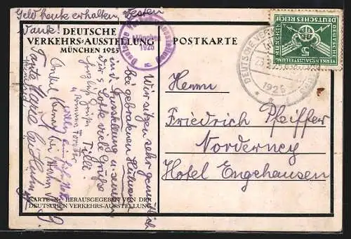 Künstler-AK München, Deutsche Verkehrs-Ausstellung 1925, Besucher auf der Liliputbahn