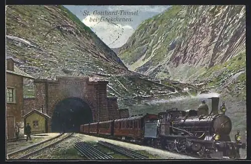 AK Goeschenen, St. Gotthard-Tunnel mit Dampfeisenbahn