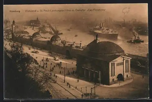 AK Hamburg-St. Pauli, Elbtunnel und Landungsbrücken mit Dampfer Cap Finisterre