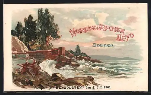 Lithographie Reise mit dem Passagierschiff Hohenzollern, Norddeutscher Lloyd Bremen, Küstenmotiv
