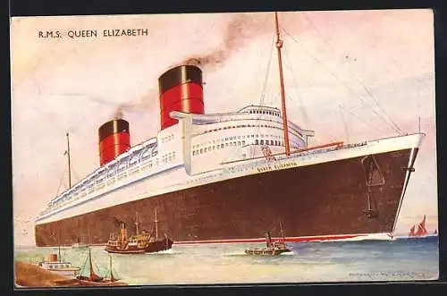 AK Passagierschiff RMS Queen Elizabeth vor der Küste