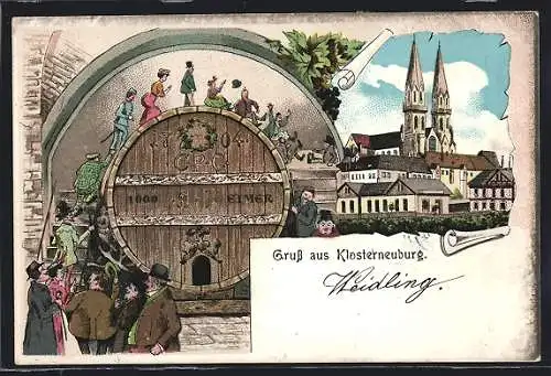 Lithographie Klosterneuburg, Blick auf die Kirche, Fasslrutschen im Stiftskeller