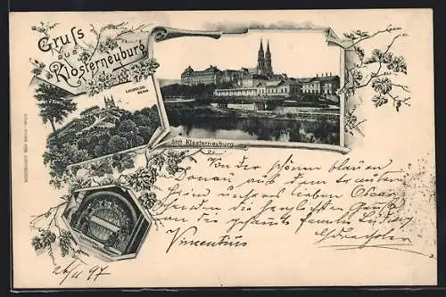 Lithographie Klosterneuburg, Blick auf das Stiftsgelände, der Leopoldsberg, Fasslrutschen im Stiftskeller
