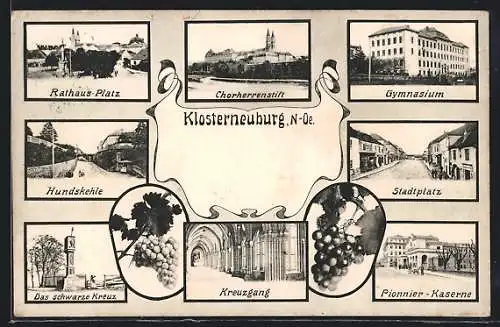 AK Klosterneuburg /N.-Oe., Rathaus-Platz, Chorherrnstift, Stadtplatz, Gymnasium, Pionier-Kaserne