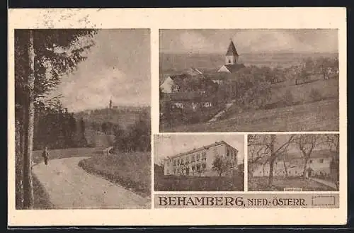 AK Behamberg /Nied.-Österr., Orstansicht mit Kirche, Schule, Gasthaus, Wegpartie mit einsamem Wanderer