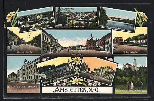 AK Amstetten, Blick auf Hauptplatz, Villen-Viertel, Bahnhof und Schloss Wallsee