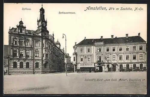 AK Amstetten, Rathaus und Schmidl Hotel zum gold. Adler mit Blick in die Rathausstrasse