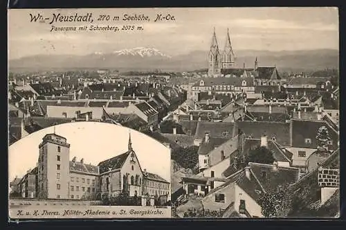 AK Wr. Neustadt /N.-Oe., Panoramablick mit dem Schneeberg, K. u. K. Theres. Militär-Akademie und St. Georgskirche
