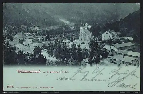 Mondschein-AK Weissenbach a. d. Triesting, Ortsansicht mit zentraler Kirche bei Nacht