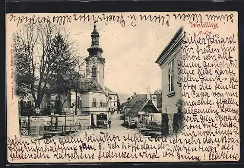 AK Weidling, Strassenpartie mit Kirche