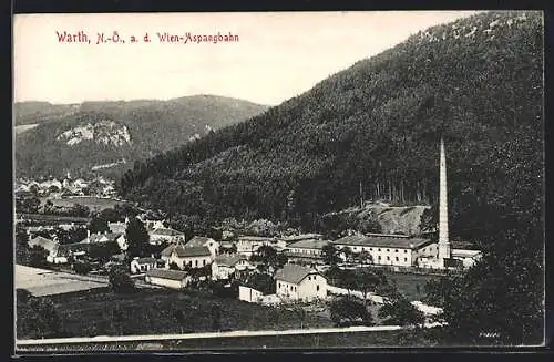 AK Warth an der Wien-Aspangbahn, Ortsansicht mit spitzem Turm und Bergen aus der Vogelschau