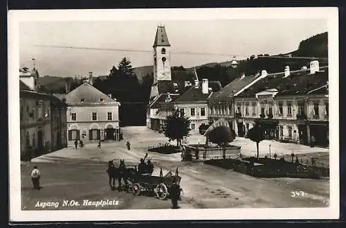 AK Aspang, Hauptplatz mit Brunnen und Kirche, Gärtner mit Wasserspritze, Fuhrwerk