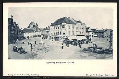 AK Eggenburg, Hauptplatz / Grätzel mit Brunnen, Säulendenkmälern und Kirche