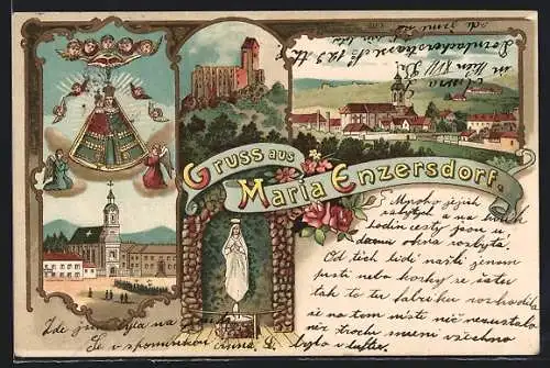 Lithographie Maria Enzersdorf, Heiligenbild über dem Ort, Ortsansicht m. Kirche