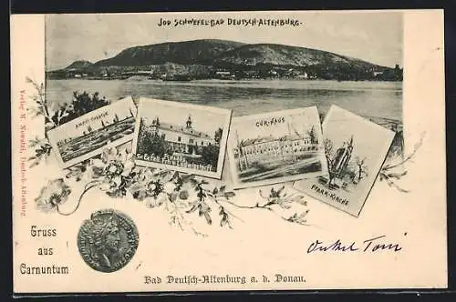 AK Bad Deutsch-Altenburg /Donau, Ortsansicht vom Wasser aus, Amphi-Theater, Cur-Haus, Pfarr-Kirche