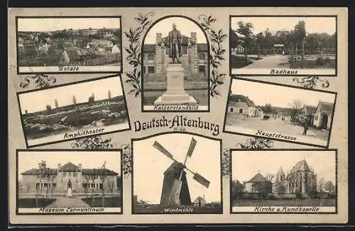AK Deutsch-Altenburg, Museum Carnuntinum, Kirche und Rundkapelle, Windmühle