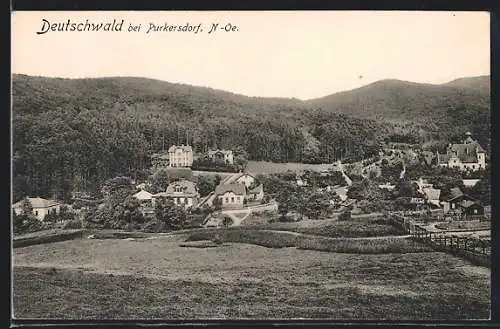 AK Deutschwald /Purkersdorf, Ortsansicht mit Bergpanorama aus der Vogelschau