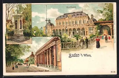 Lithographie Baden bei Wien, Kurhaus, Frauen- und Josef-Bad, Denkmal