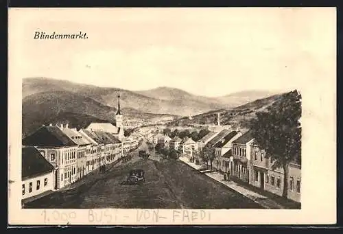 AK Blindenmarkt, Platzansicht mit Kirche und Bergpanorama