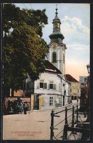 AK Weidling, Kirchenplatz mit Kirche, von der Brücke gesehen