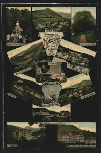 AK Alland, Ansichten der Heilanstalt Alland, Ortsansicht Groisbach, Portrait Dr. Josef Sorgo