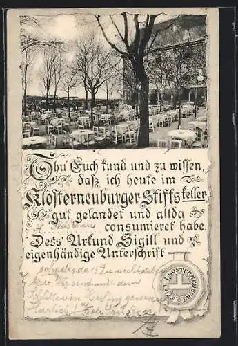 AK Klosterneuburg, Gasthaus Stiftskeller mit Garten, Urkunde mit Siegel