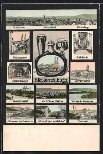 AK Klosterneuburg, Chorherrenstift, Pionier-Kaserne, Wienerstrasse mit Bahnhof, Panorama der Stadt