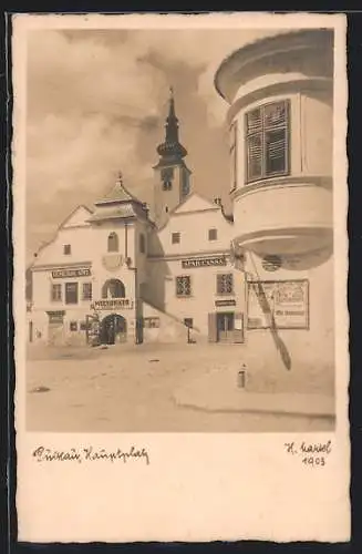 AK Pulkau, Hauptplatz mit Spar-Cassa, Gemeinde-Amt und Kirche