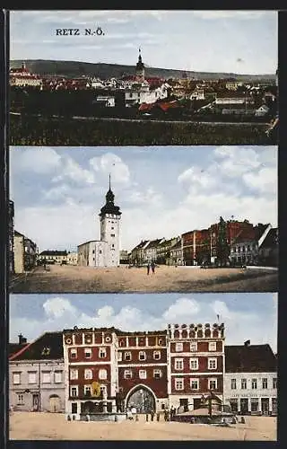 AK Retz, Torgebäude mit Denkmal, Kirche u. Cafe Süss, Ortspartie mit Kirche, Ortsansicht