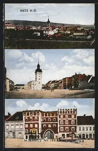 AK Retz, Torgebäude mit Denkmal, Kirche u. Cafe Karl Süss, Ortspartie mit Kirche, Ortsansicht