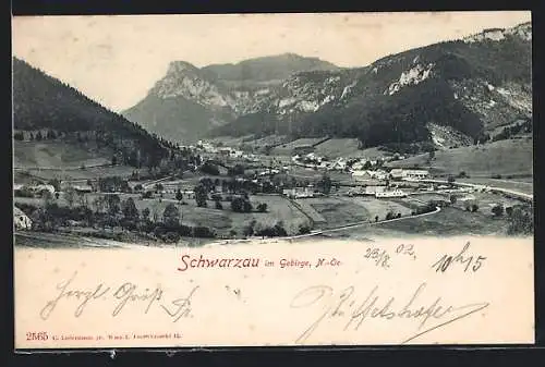 AK Schwarzau, Ortsansicht mit Gebirge